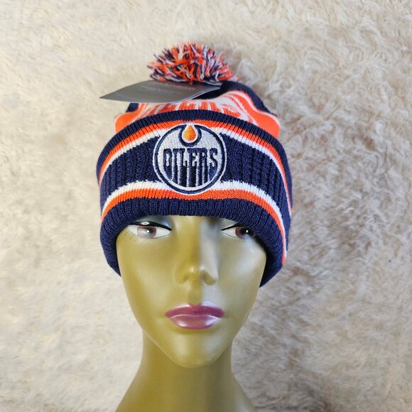 NFL Youth 8-20 Edmonton Oilers Orange/Navy Authentic Cuffed Knit Hat with Pom - Picture 1 of 7